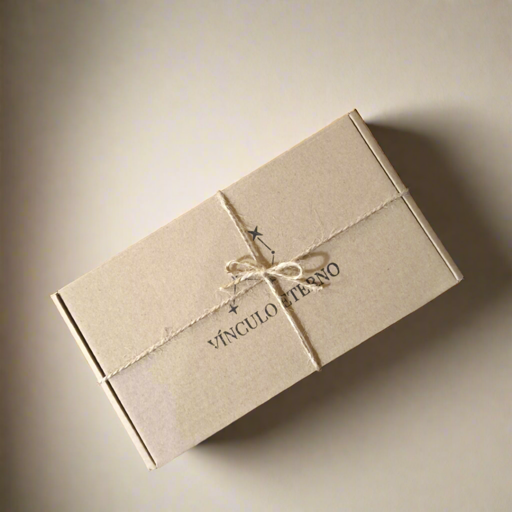 Caja papel kraft cerrada con el logo Vínculo Eterno y cerrado con cuerda de yute